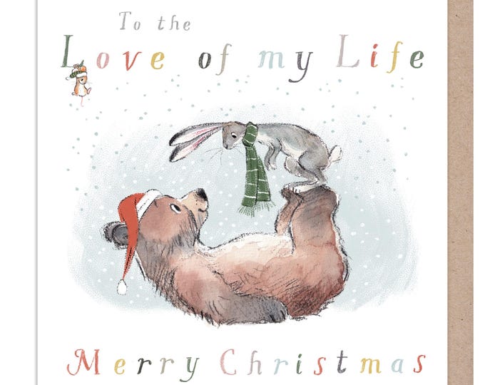 Love of my Love Christmas Card, ' Bear, the Hare, and the Mouse', Cute heart warming  Bear Illustration, made in UK, BHMX021