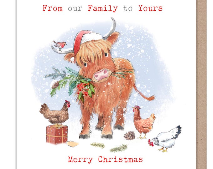 From our Family to your Christmas Card - Charming illustration - 'Buttercup Farm' range - Highland Cow - Made in UK -  BFX08