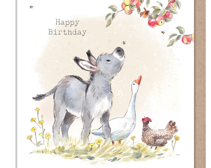 Birthday Card - Quality Greeting Card - Charming illustration - 'Buttercup Farm' range - Donkey, Goose and Hen- Made in UK -  BF03