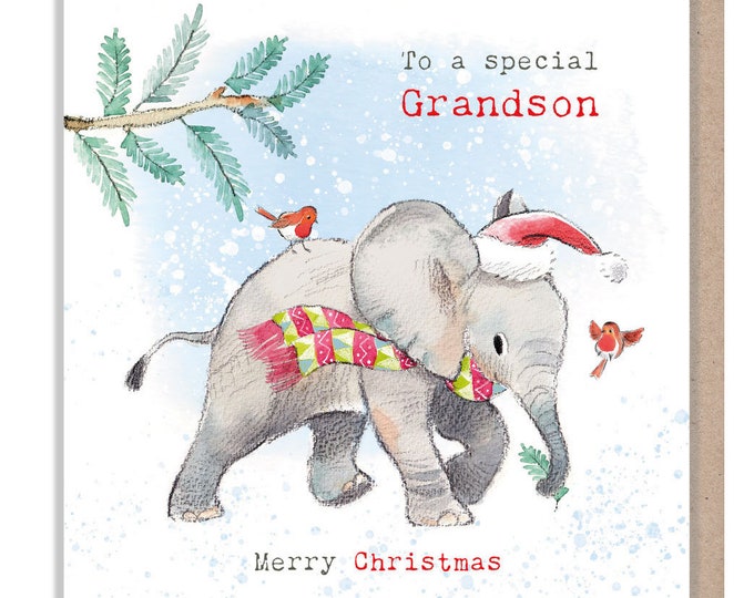 Grandson - Quality Christmas Card - 150 x 150mm - Charming Elephant illustration - 'Wonderfully Wild'  range - Made in UK -  WWX018