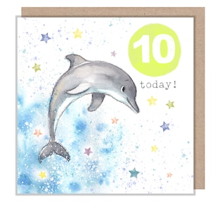 Cartão de aniversário de 10 anos - Ilustração encantadora - Golfinho, linha 'Party Time' - Fabricado no Reino Unido - PTAGE010