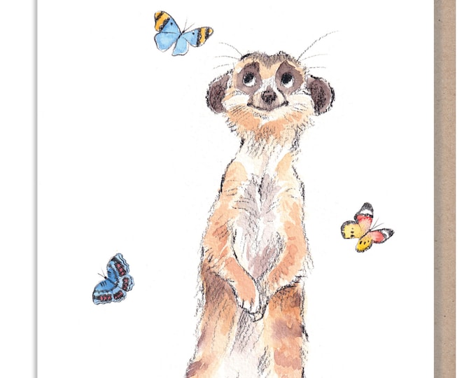 Blank Greeting Card - Charming illustration - Meercat with butterflies - 'Wonderfully Wild'  range - Made in UK -  WWE015