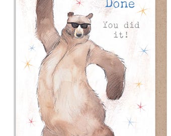 Well Done card, Quality Greeting Card, Bear in Sunglasses 'Hey Bear' range, Fun hand drawn Illustrations, made in UK, HBE015