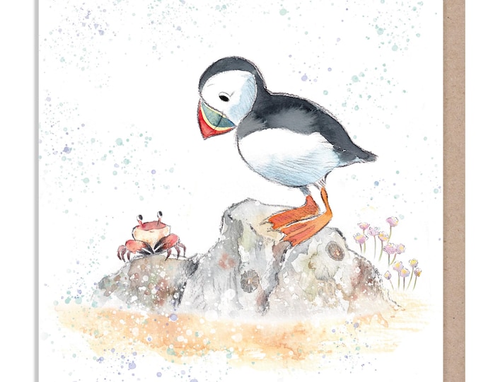 Blank Card  - Quality greeting Card - Puffin and Crab illustration - 'by the Seashore' range - made in UK  - SEA014