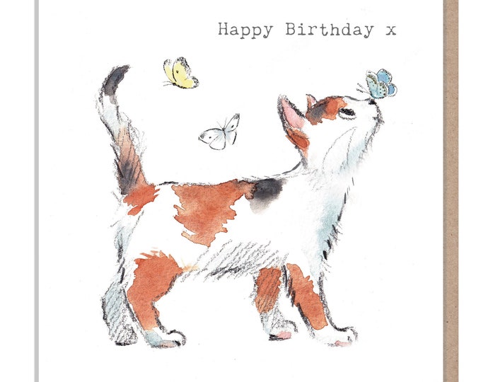 Cat Birthday Card - Quality Greeting Card - Charming illustration - 'Pawsitively Purrect' range - Cat with Butterflies - Made in UK - EPP01