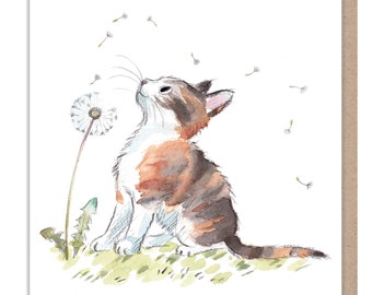 Cat Card - Quality Blank Greeting Card - Charming illustration - 'Pawsitively Purrect' range - Cat with dandelion - Made in UK - EPP012