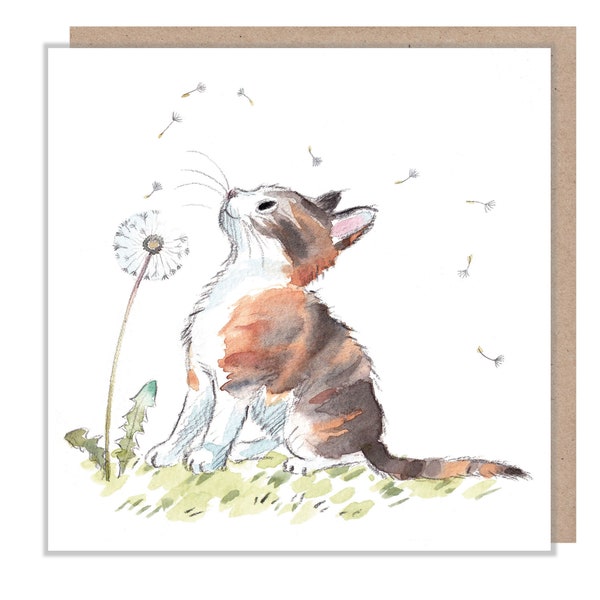 Cat Card - Quality Blank Greeting Card - Charming illustration - 'Pawsitively Purrect' range - Cat with dandelion - Made in UK - EPP012