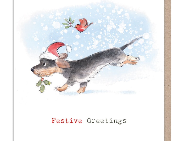 Festive Greetings - Quality Christmas Card - 150 x 150mm -  Charming Dog illustration - 'Absolutely barking' range - Made in UK -  ABX112