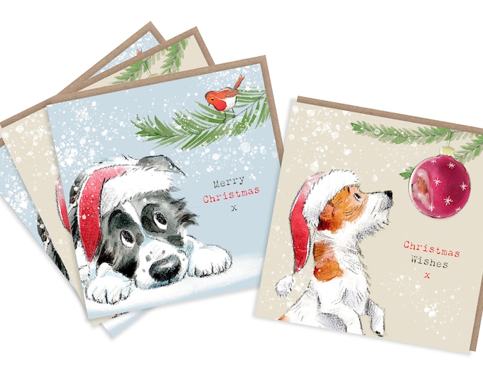 4  Quality Christmas Cards  - 2 design - 4 cards  - Charming Dog illustrations - Border Collie  and Jack Russell designs - made in England