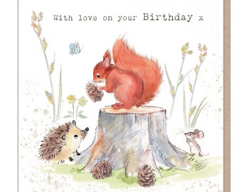 Squirrel Birthday Card - Charming illustration - Red Squirrel and Hedgehog - 'Bucklebury Wood'  range - Made in UK -  BWE012