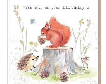 Carte d'anniversaire écureuil - Charmante illustration - Écureuil roux et hérisson - Gamme « Bucklebury Wood » - Fabriqué au Royaume-Uni - BWE012