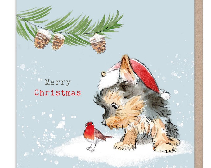 Merry Christmas - Quality Christmas Card - 150 x 150 mm - Charming Yorkie illustration - 'Absolutely barking' range - Made in UK -  ABX110