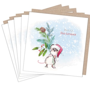 Pack de cartes de Noël - 5 petites cartes de qualité avec enveloppes recyclées marron -125 x 125mm- un design - Cute Mouse - XPACK06