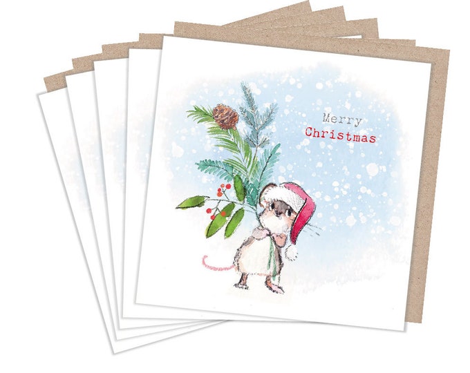 Christmas Card pack - 5 small quality cards with brown recycled envelopes -125 x 125mm-  one design - Cute Mouse -  XPACK06