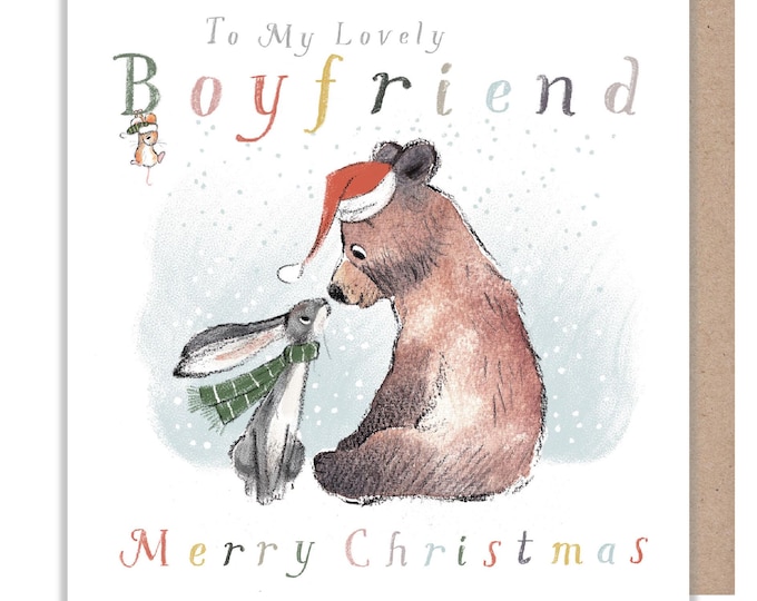 Boyfriend Christmas Card, 'the Bear, the Hare, and the Mouse', Cute heart warming Bear Illustration, made in UK, BHMX015