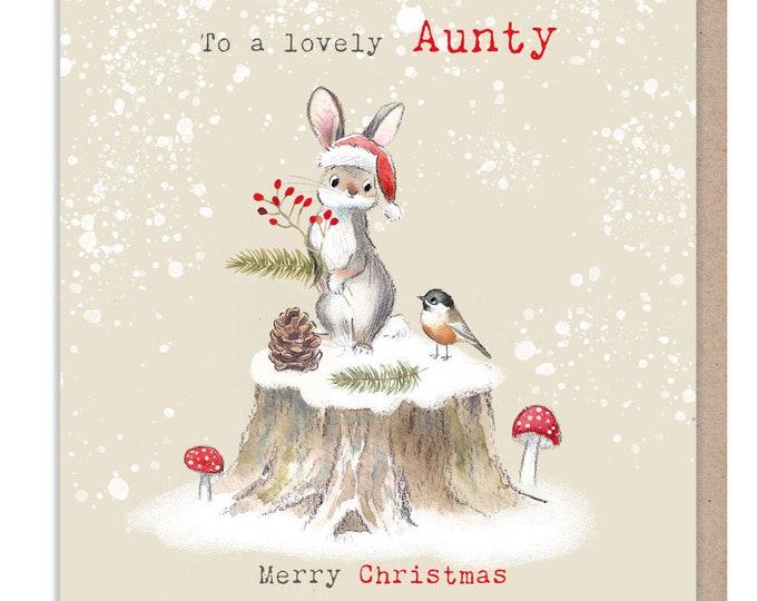 To a lovely Aunty -Quality Christmas Card - 150 x 150mm - Charming Rabbit illustration - 'Bucklebury wood' range- Made in UK -  BWX025