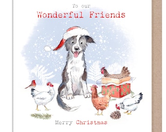 Friends Christmas Card - Dog and Chickens 'Buttercup Farm' Illustration BFX09