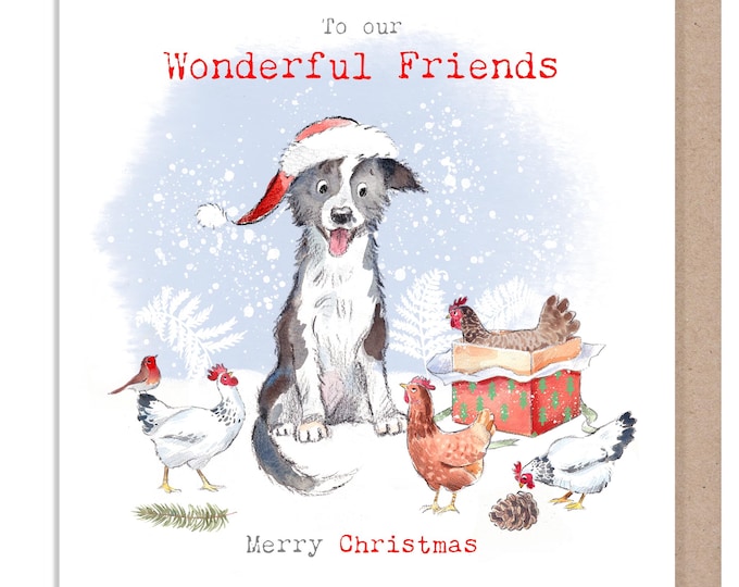 Friends Christmas Card - Dog and Chickens 'Buttercup Farm' Illustration BFX09