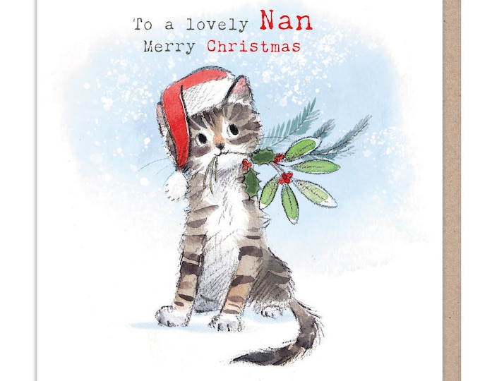 To a lovely Nan - Quality Christmas Card - 150 x 150mm - Charming Tabby Cat illustration - 'Pawsitively Purrect' range - Made in UK - XPP012