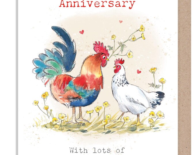 Anniversary Card - Charming illustration - Cockrel and Hen - 'Buttercup Farm' range - Made in UK - BF018