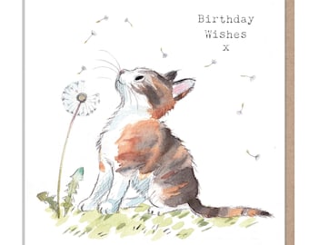 Cat Birthday Card - Quality Greeting Card - Charming illustration - 'Pawsitively Purrect' range - Cute cat with Dandelion - Made in UK-EPP06