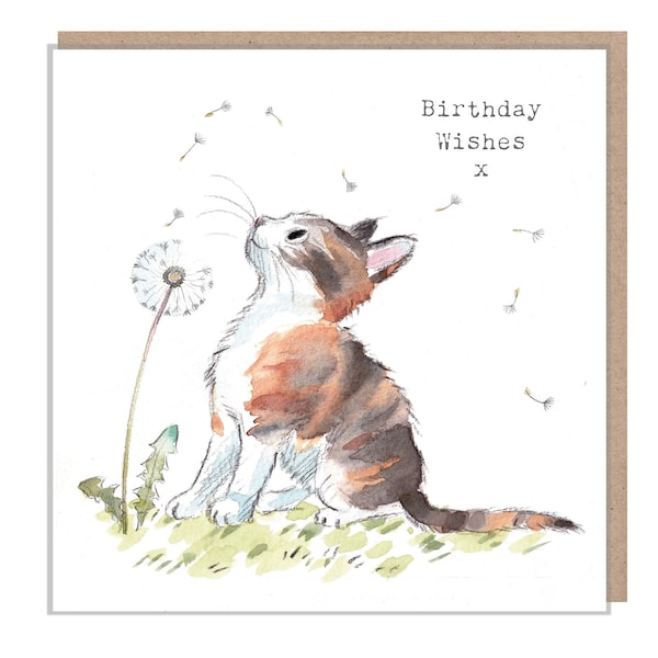 Cat Birthday Card - Quality Greeting Card - Charming illustration - 'Pawsitively Purrect' range - Cute cat with Dandelion - Made in UK-EPP06