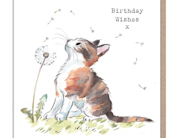 Cat Birthday Card - Quality Greeting Card - Charming illustration - 'Pawsitively Purrect' range - Cute cat with Dandelion - Made in UK-EPP06