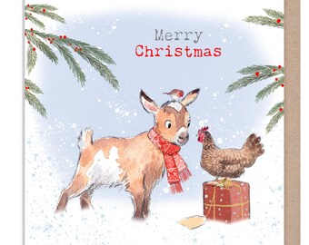 Merry Christmas - Quality Greeting Card - Charming illustration - 'Buttercup Farm' range - Goat and Hen - Made in UK -  BFX04