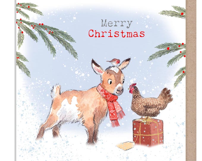 Merry Christmas - Quality Greeting Card - Charming illustration - 'Buttercup Farm' range - Goat and Hen - Made in UK -  BFX04