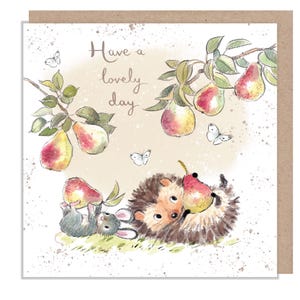Tarjeta de cumpleaños - Tarjeta de calidad - Ilustración encantadora - Erizo y ratón con peras - Colección "Morris y Maude" - Fabricada en el Reino Unido - MME011