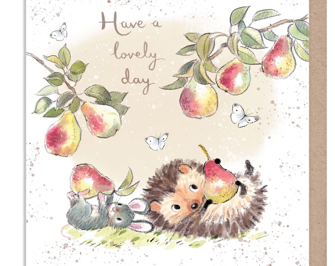 Birthday Card - Quality Card - Charming illustration - Hedgehog and Mouse with Pears - 'Morris and Maude' range - Made in UK -  MME011