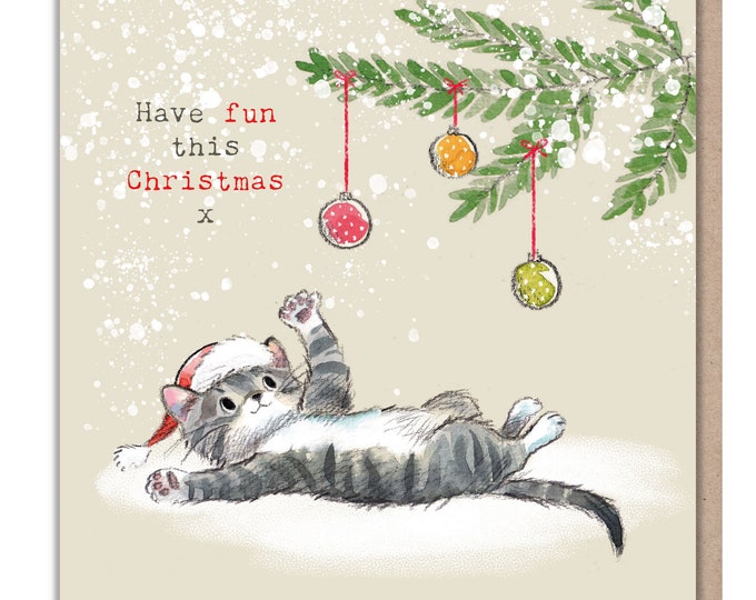 Quality Christmas Card - Charming Cat illustration - 'Pawsitively Purrect' range - Tabby Cat in xmas hat with baubles - Made in UK - XPP08