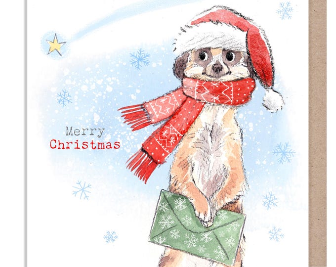 Merry Christmas - Quality Christmas Card - 150 x 150mm - Charming Meerkats illustration - 'Wonderfully Wild'  range - Made in UK -  WWX023