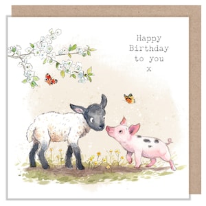 Geburtstagskarte - hochwertige Grußkarte - charmante Illustration - 'Buttercup Farm' Serie - Lamm und Ferkel - Made in UK - BF05