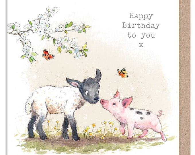 Birthday Card - Quality Greeting Card - Charming illustration - 'Buttercup Farm' range - lamb and Piglet - Made in UK -  BF05