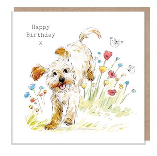 Biglietto Di Auguri Con Cane Cockapoo E Giardino - Per Compleanno Donna, Con Dettagli Argentati E Busta Inclusa