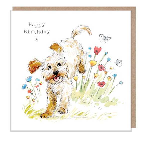 Biglietto Di Auguri Con Cane Cockapoo E Giardino - Per Compleanno Donna, Con Dettagli Argentati E Busta Inclusa