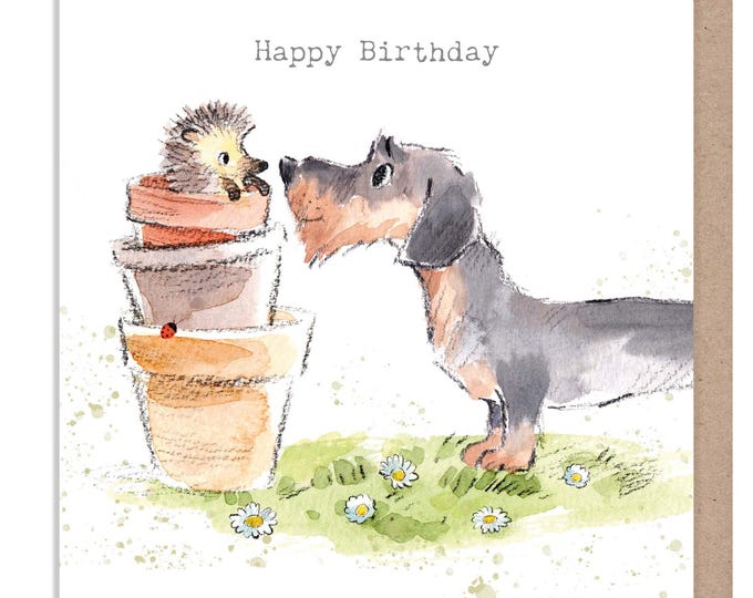 Birthday Card - Quality Greeting Card - Charming Dog illustration - 'Absolutely barking' range - Dachshund and Hedgehog -Made in UK - ABE102
