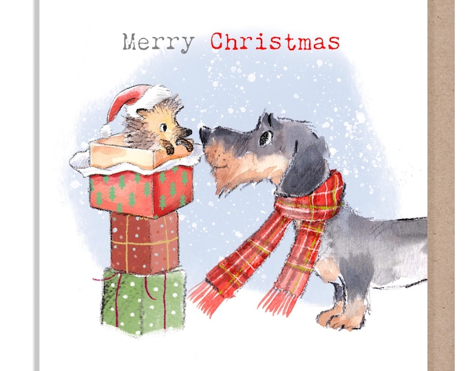 Merry Christmas- Quality Christmas Card - 150 x 150mm -  Charming Dog illustration - 'Absolutely barking' range - Made in UK -  ABX124