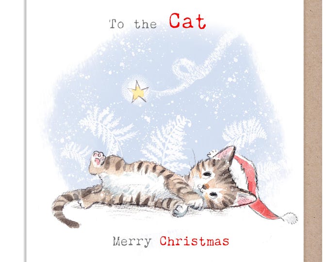 To the Cat Christmas Card -Festive Fun - Cat illustration 'Pawsitively Purrect' range - Cat looking at shooting star - Made in UK -XPP017