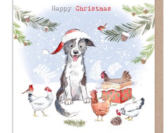Happy Christmas - Dog and Chickens 'Buttercup Farm' Illustration BFX02