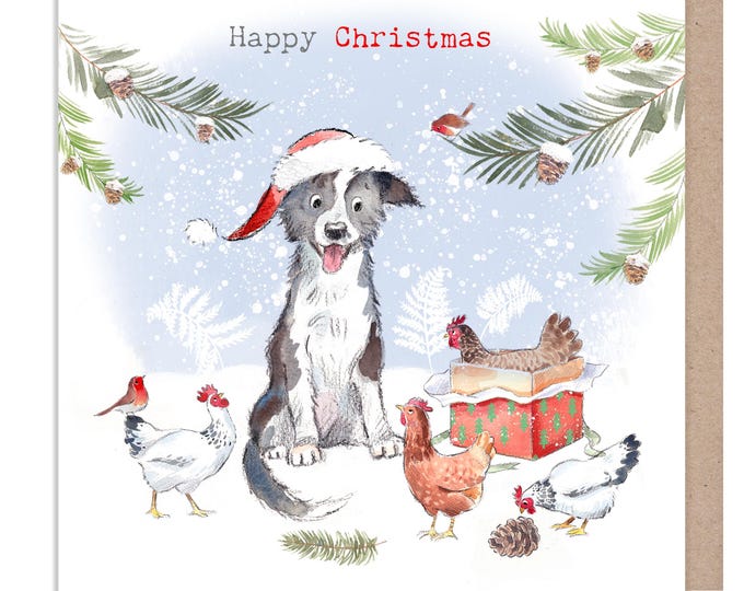 Happy Christmas - Dog and Chickens 'Buttercup Farm' Illustration BFX02