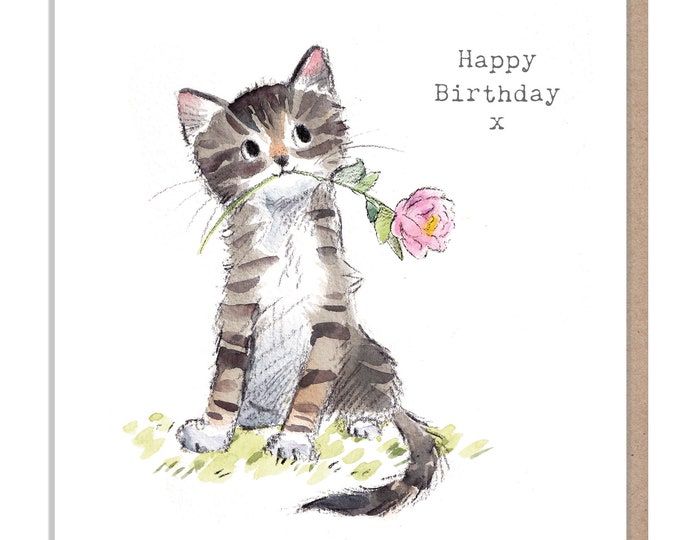 Cat Birthday Card - Quality Greeting Card - Charming illustration - 'Pawsitively Purrect' range - Cat with Rose - Made in UK - EPP02