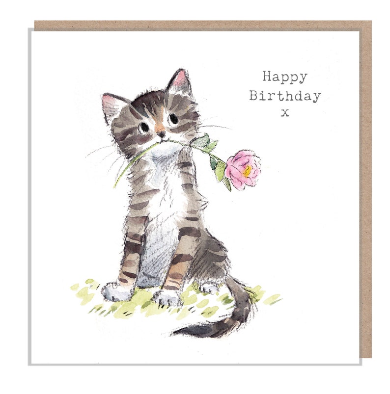 Cat Birthday Card Quality Greeting Card Charming illustration 'Pawsitively Purrect' range Cat with Rose Made in UK EPP02 image 1