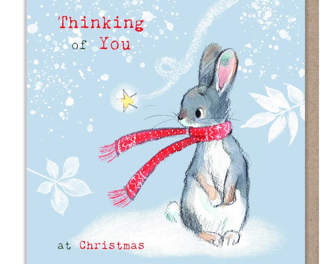 Thinking of You - Quality Christmas Card -  150 x 150mm - Charming Rabbit illustration - 'Bucklebury wood' range- Made in UK -  BWX020