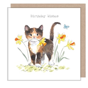 Carte d'anniversaire de chat - Carte de voeux de qualité - Charmante illustration - Gamme « Pawsitively Purrect » - Chat avec jonquilles - Fabriqué au Royaume-Uni-EPP020