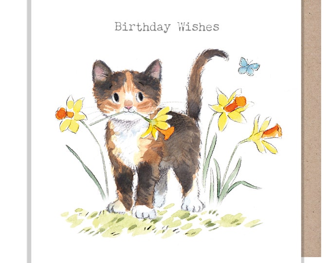 Cat Birthday Card - Quality Greeting Card - Charming illustration - 'Pawsitively Purrect' range - Cat with Daffodils - Made in UK-EPP020