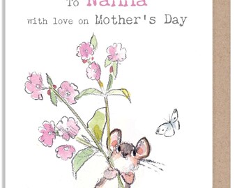 Nanna - Mothers day _ Card - Charming illustration - Mouse with flowers - 'Bucklebury Wood'  range - Made in UK -  BWMD03