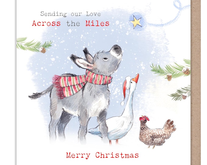 Across the Miles Christmas card -Donkey, Goose & Hen : Charming Farm Illustration BFX07
