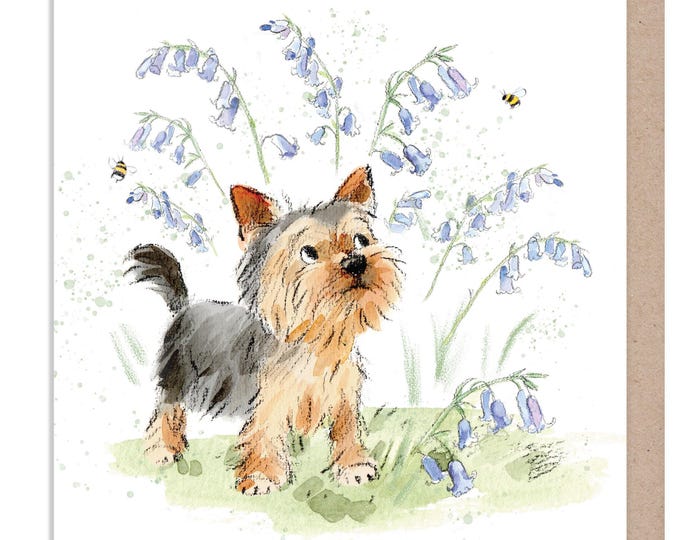 Blank Card - Charming illustration - 'Absolutely barking' range - Yorkshire Terrier with Bluebells - Made in UK -  ABE112